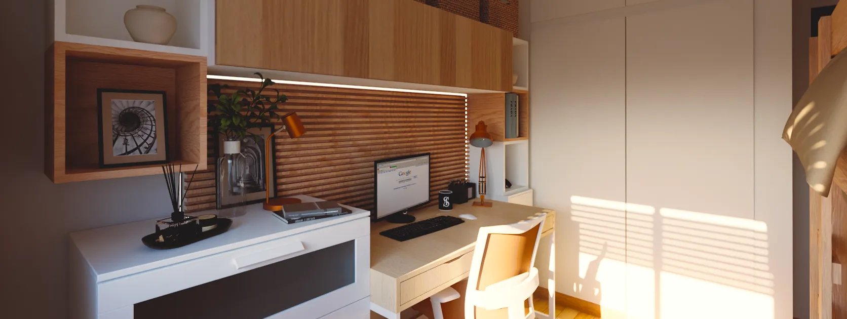 Dormitorio juvenil: vista general con mobiliario integrado y paleta neutra