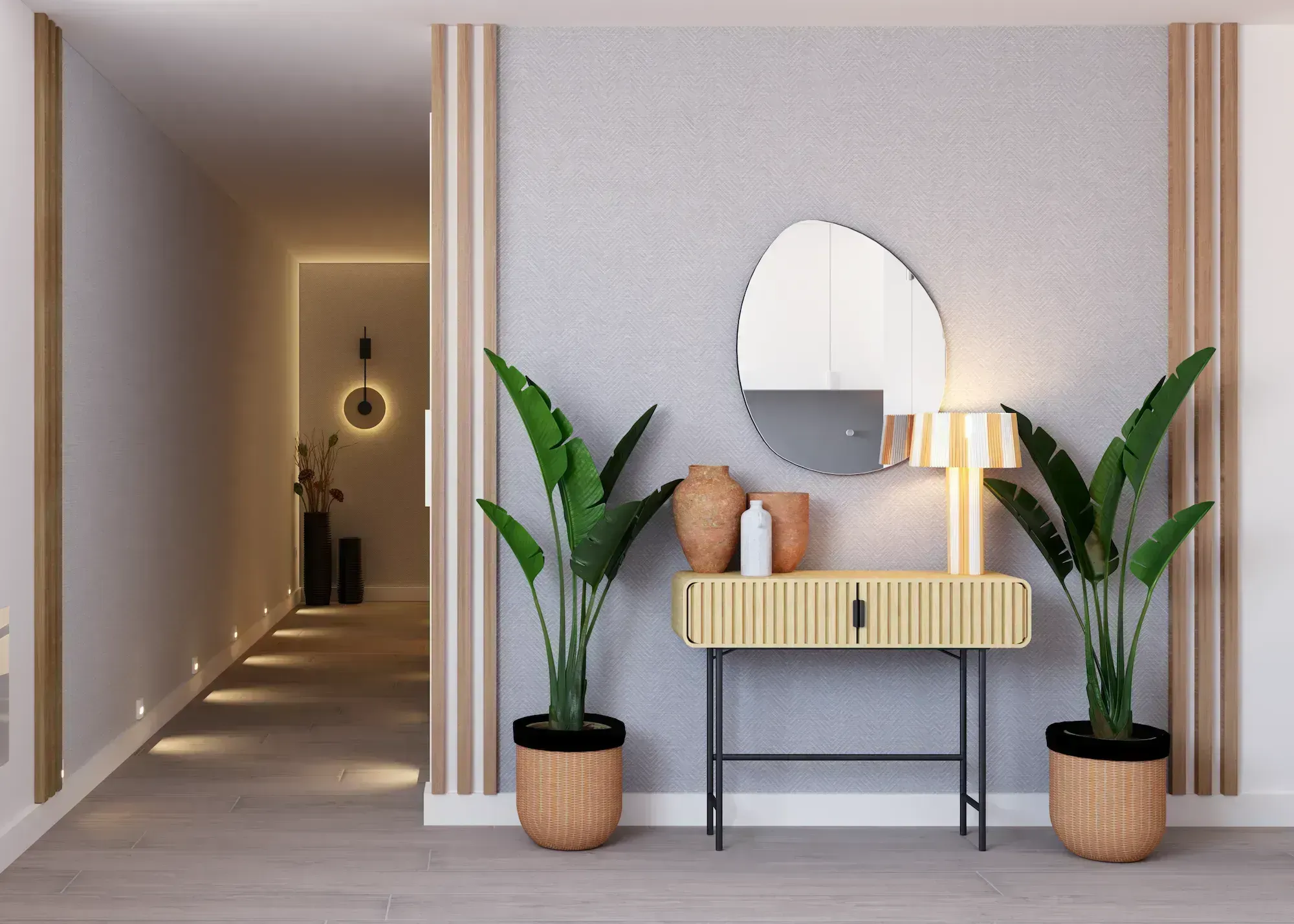 Interiorismo profesional: recibidor y pasillo de local con luz cálida y composición serena