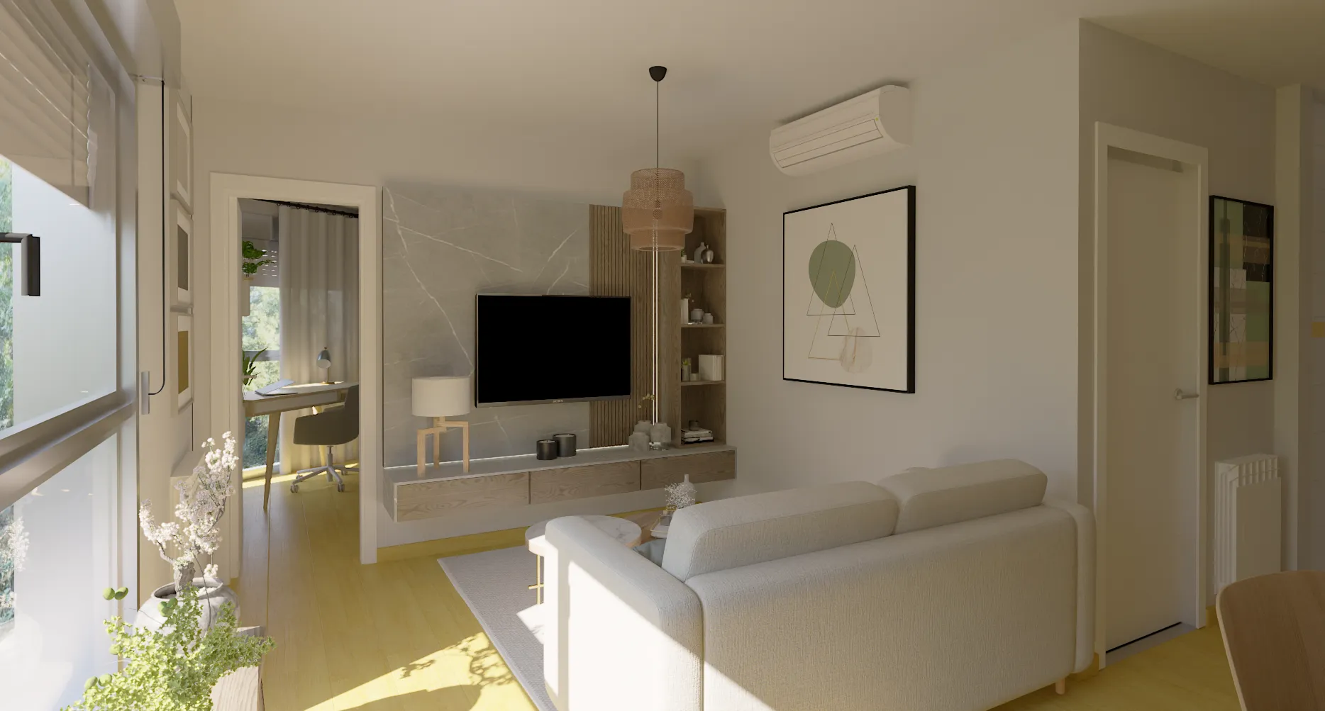 Home Staging Virtual: salón conectado con zona de trabajo — propuesta 3D