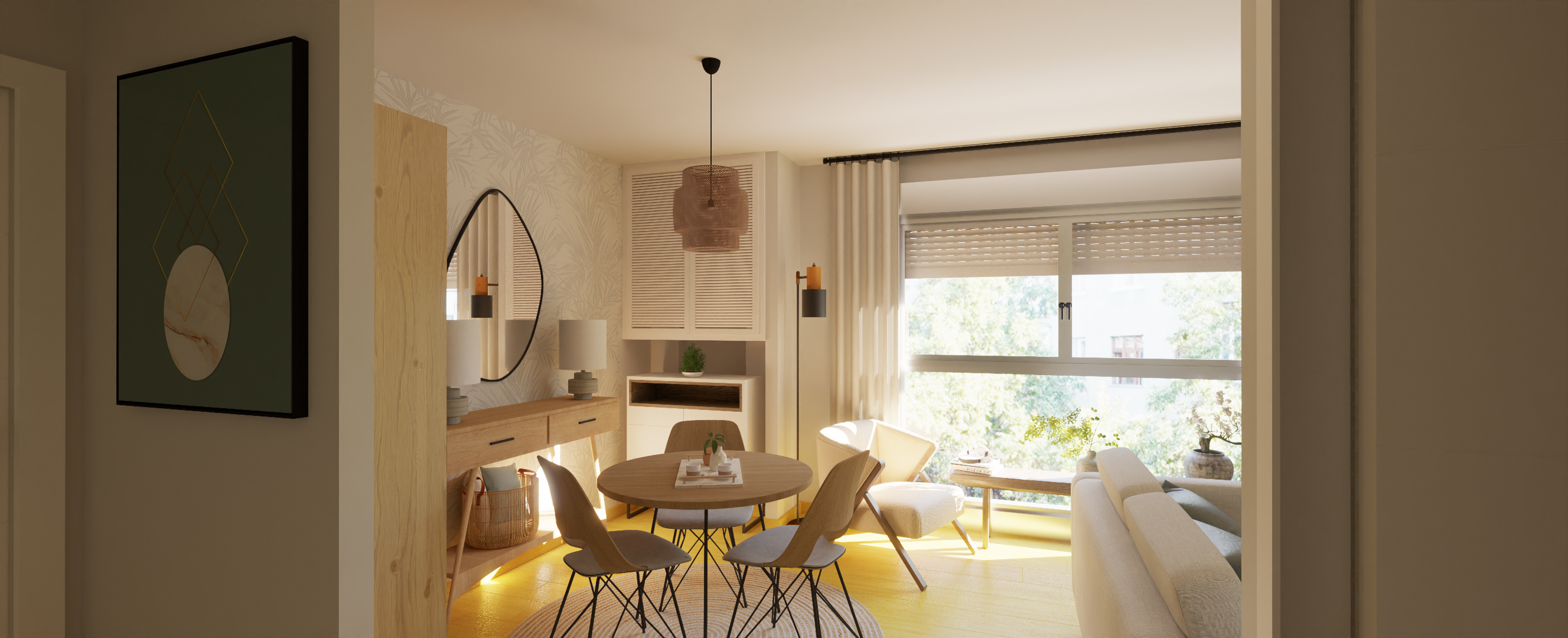 Home Staging Virtual Madrid — entrada, comedor y ventanal (propuesta 3D)